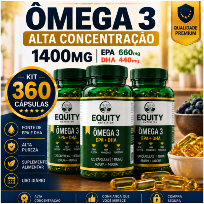 Omega 3 1400mg 360 Cápsulas 660mg EPA 440mg DHA Alta Concentração Softgel Equity Nutrition