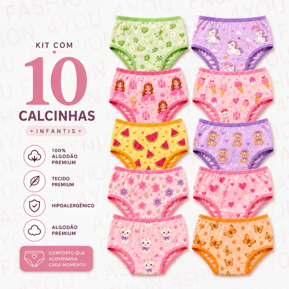 Kit 10 Calcinhas Infantil 100% Algodão Fio 32 Hipoalergênicas Linha Exclusiva pele sensível