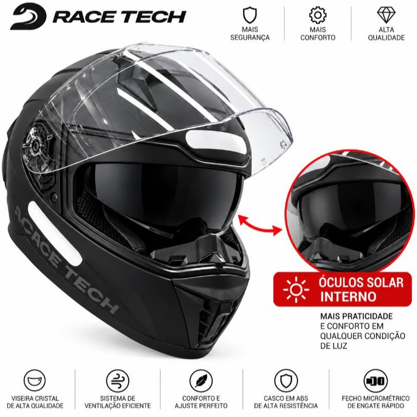 Capacete Race Tech Volt Monocolor Preto Fosco Com Óculos Solar Fechado Masculino Feminino Narigueira Novo