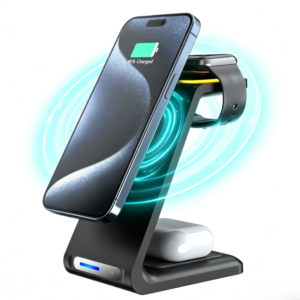 Carregador Magnético 3 em 1 Sem Fio 15W Suporte Ajustável para iPhone, Apple Watch e AirPods