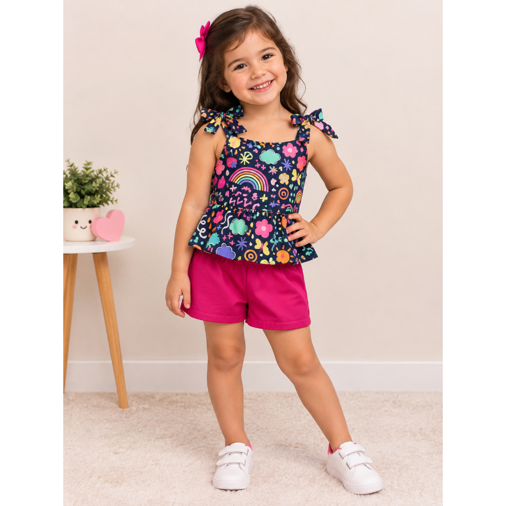 Conjunto Infantil Menina Verão Blusa Estampada e Short Feminino/ Conjunto Infantil Feminino Verão Blusa e Short Colorido