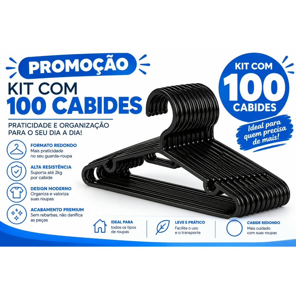 Kit 100 Cabides Plástico Redondos Preto Adulto Resistente