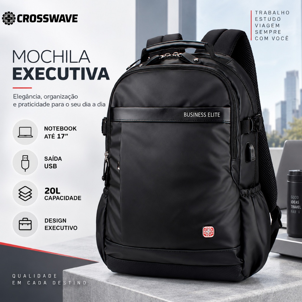 Mochila Executiva Crosswave 20L para Notebook 17” Antifurto com USB Airflow Premium