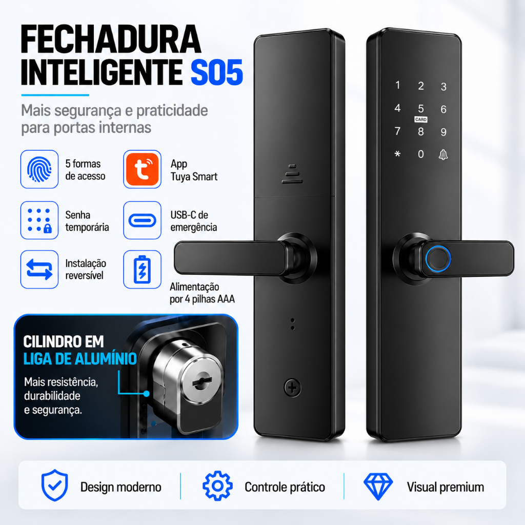 Fechadura Digital Inteligente Biometria Senha Cartao App Tuya Fechadura Eletronica de Embutir Maçaneta Reversivel USB C