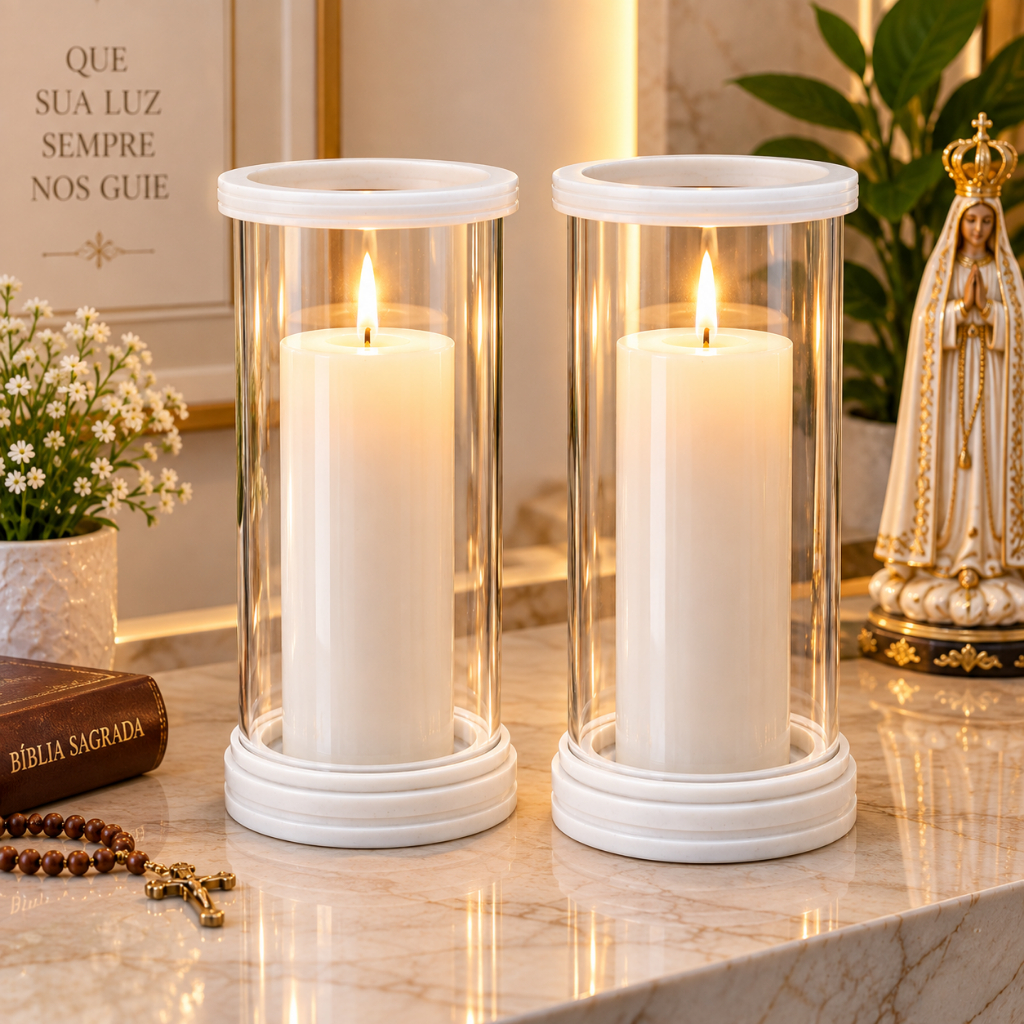 Kit 2 Porta Velas 7 Dias com Cúpula de Vidro Base Pó de Mármore