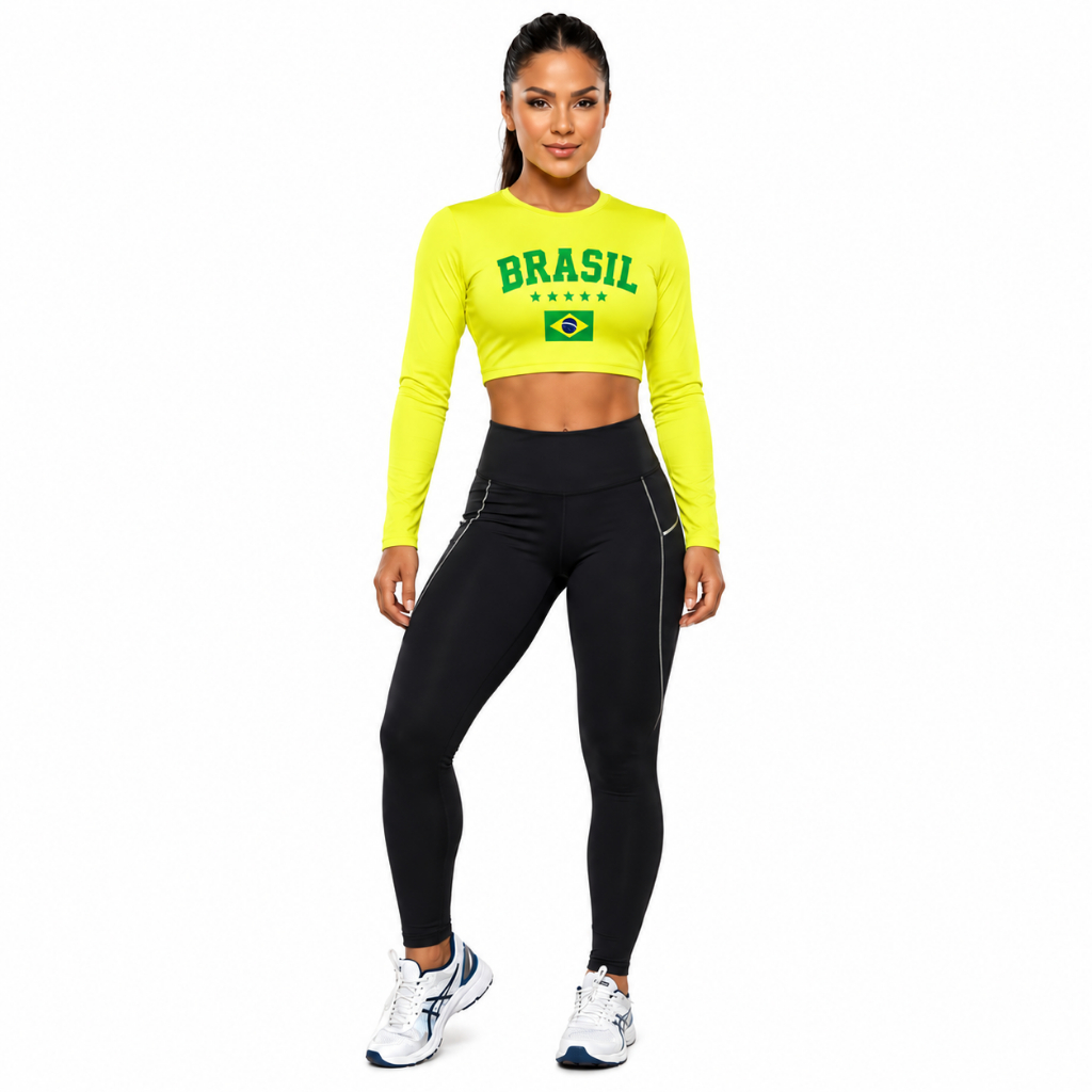 Cropped Brasil Feminino Manga Longa  Fitness Academia Top Esportivo Elastano Confortável Secagem Rápida Azul Leve Fit