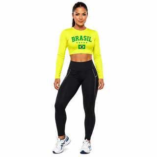 Cropped Brasil Feminino Manga Longa  Fitness Academia Top Esportivo Elastano Confortável Secagem Rápida Azul Leve Fit