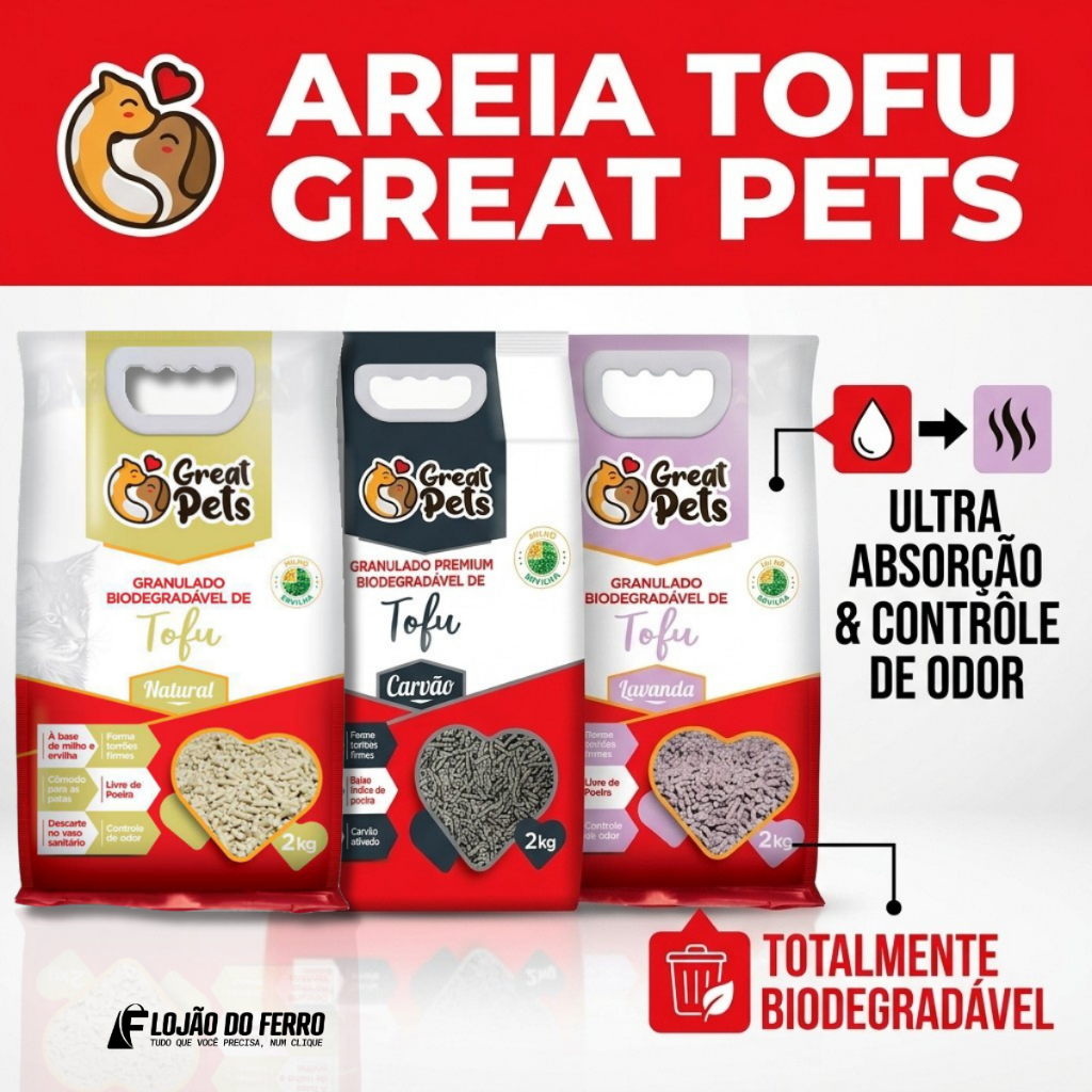 Areia Gatos Tofu 2kg Granulado Biodegradável Higiênico Natural Lavanda e Carvão Great Pets