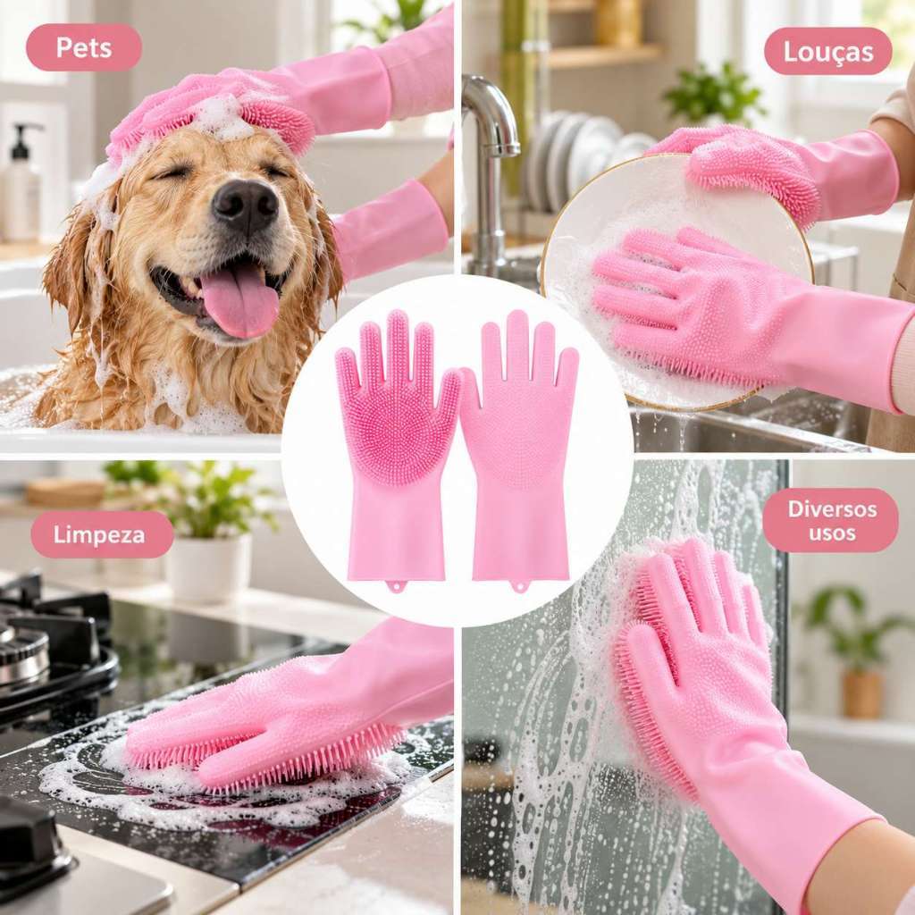KIT Luva Magica de Silicone Multiuso Com Escova para Limpeza de Louça Pia Cozinha Banheiro e Pet