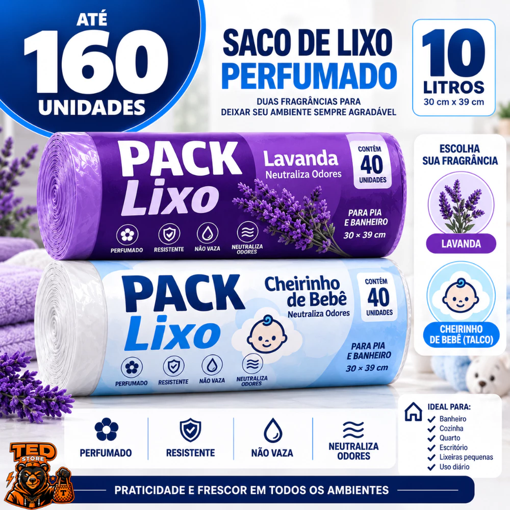 KIT PACK Saco de Lixo Perfumado 10L 40/80/120/160 Unidades Lavanda e Talco Anti Odor Banheiro Cozinha Quarto