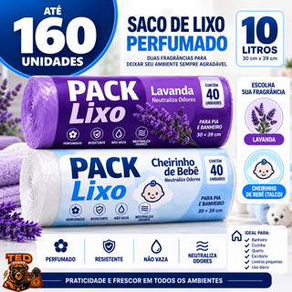 KIT PACK Saco de Lixo Perfumado 10L 40/80/120/160 Unidades Lavanda e Talco Anti Odor Banheiro Cozinha Quarto