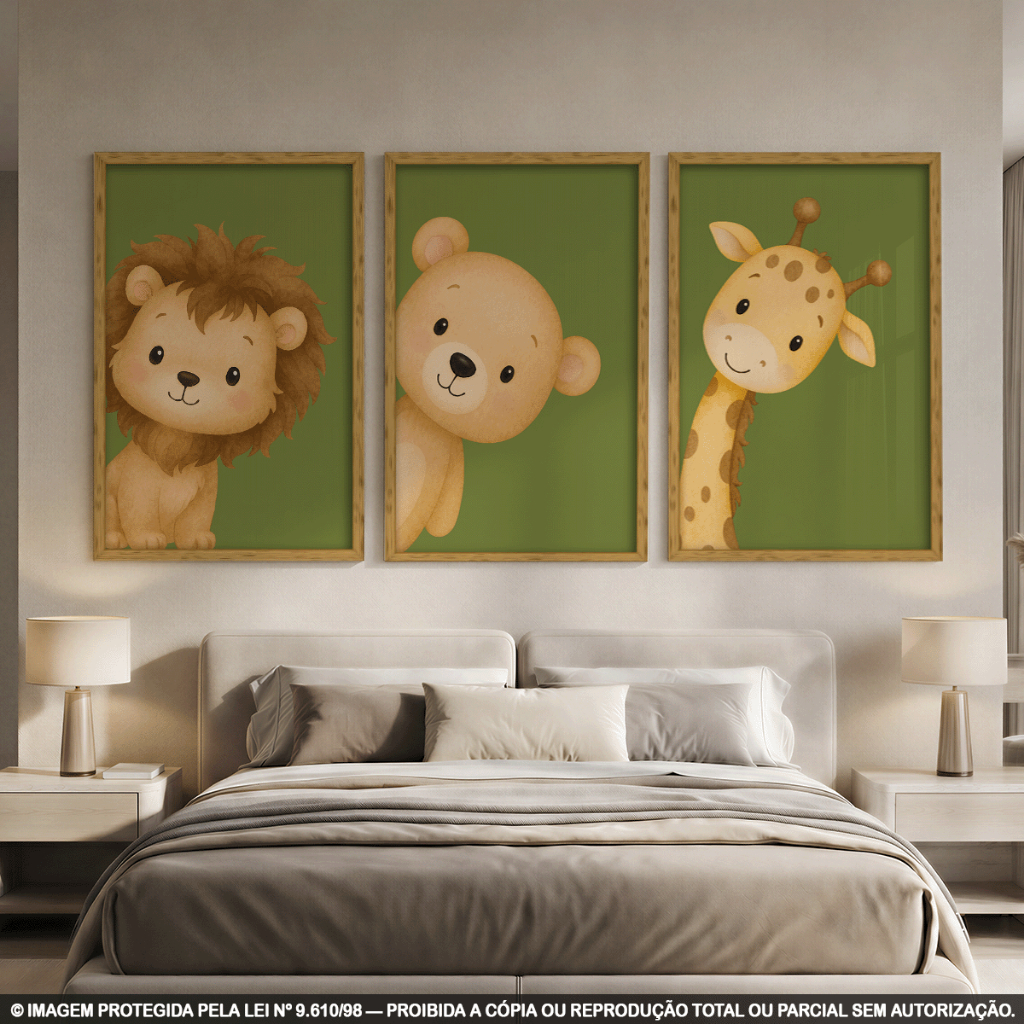 Trio Quadros Infantis Animais Decoração Quarto de Criança ou Bebê Kit 3 Peças