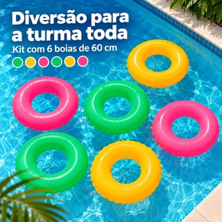 Kit 6 Boias Infantis Infláveis 60cm Circular Redonda Colorida Piscina Praia Verão Brinquedo Aquático