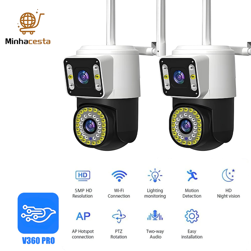 Câmera Segurança WiFI IP 2 Lentes Visão Noturna Microfone a Prova D'água gira 360 App V360 G1