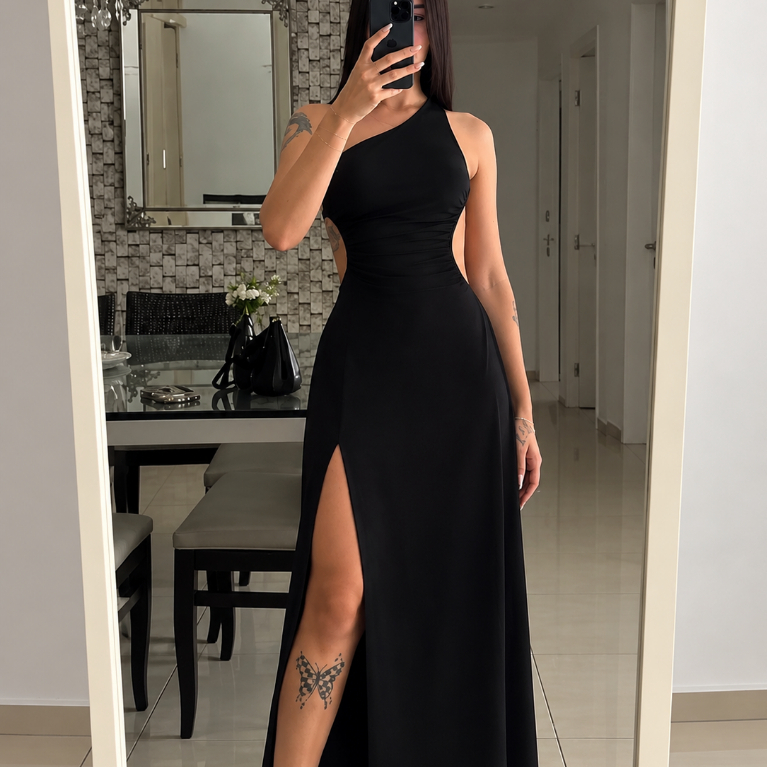 Vestido longo de uma alça Fenda na perna tendência para casamento natal, ano novo, reveillon, formatura e festas noite