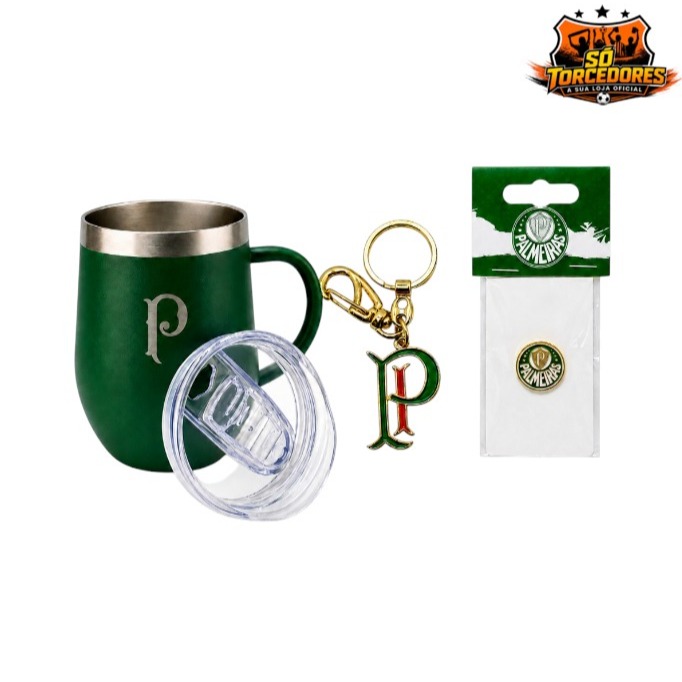 Kit Oficial Palmeiras Caneca Térmica Inox 350ml + Chaveiro Retrô PI + Boton Escudo Presente Torcedor