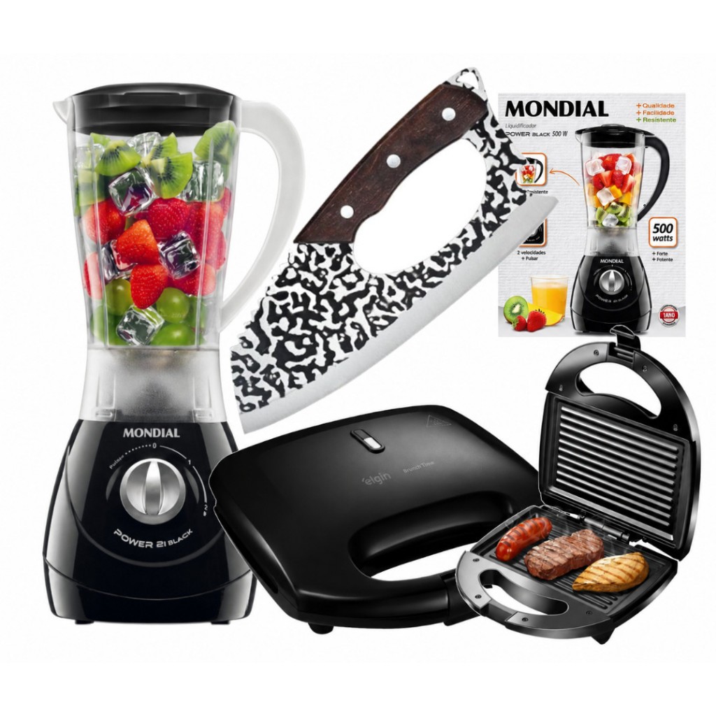 Kit Liquidificador Mondial Turbo + Sanduicheira Eletrica Grill 750w Preta E Facas 220V / 110V