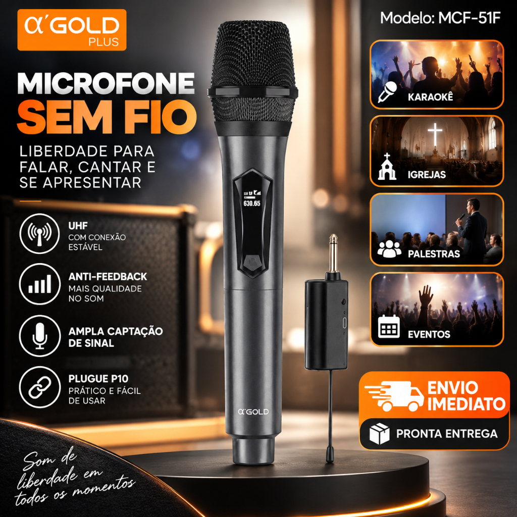 Microfone Sem Fio Profissional α’Gold MCF-51F UHF com Receptor P10 para Karaokê Eventos Igreja