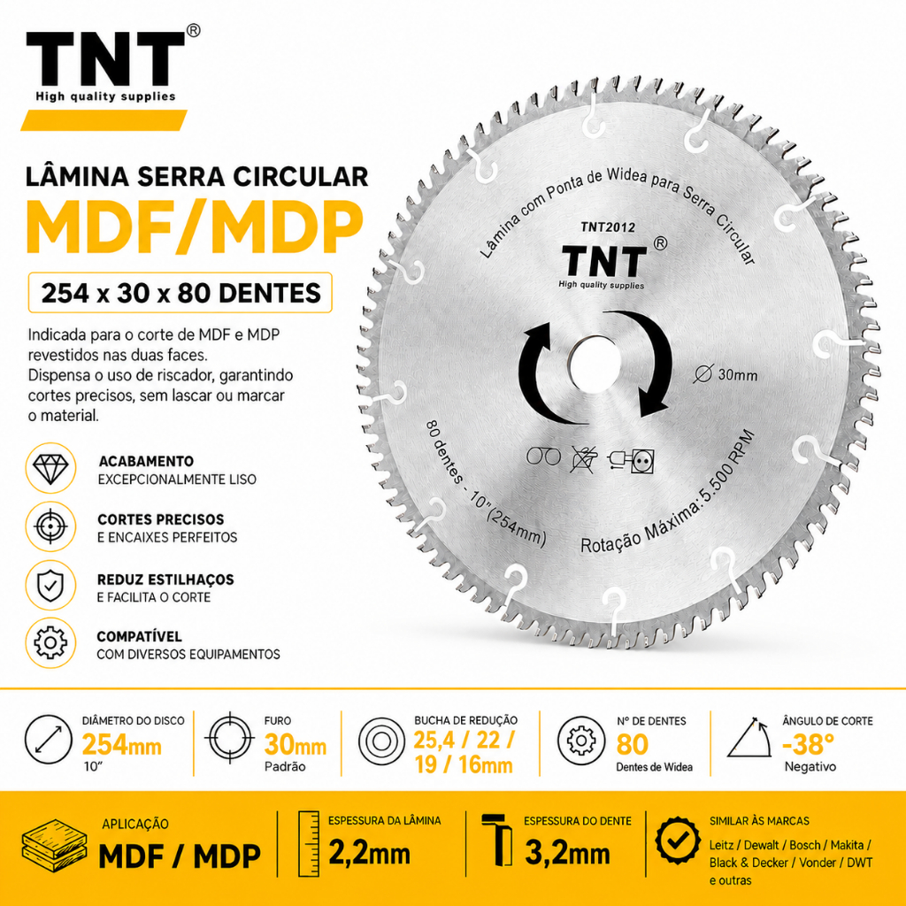 Disco Lâmina Serra Circular Corta MDF e MDP 10 Polegadas 254mm 80 Dentes TNT
