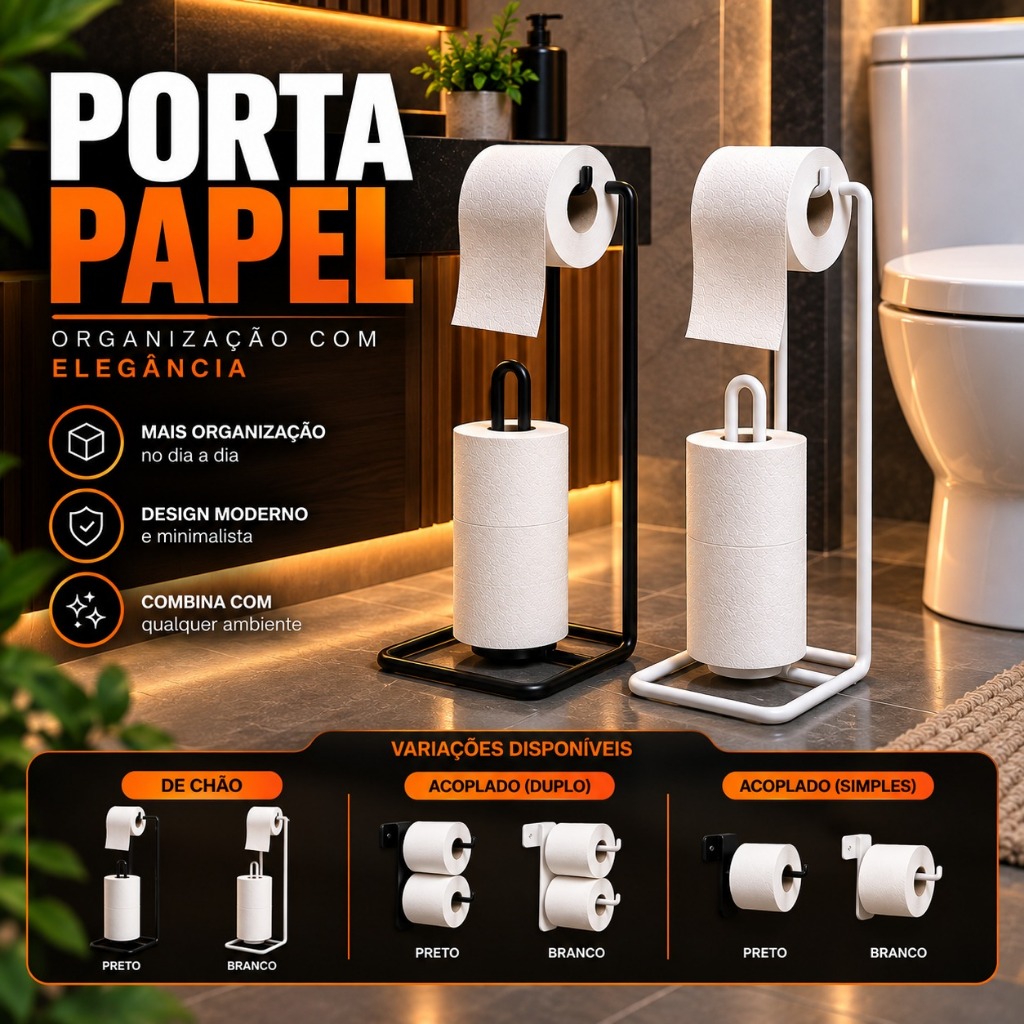 Porta Papel Higiênico Suporte 3 Rolos Chão Acoplado Banheiro Aramado Organização Suporte Papel Higienico Gancho