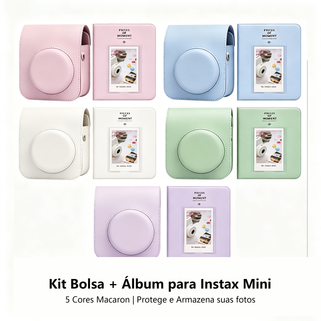 Kit 2 em 1 Bolsa com Alça + Álbum para Instax Mini 12, Capa Protetora PU Cores Macaron, Armazenamento de Fotos