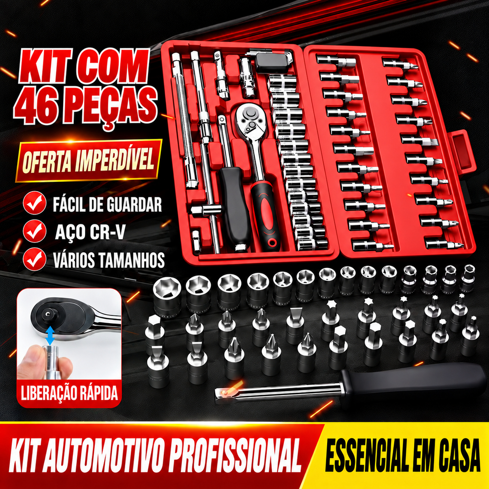 Kit 46 Peças Chave Catraca Reversível Jogo de Soquetes Reparo de carros Ferramentas Completo com Maleta