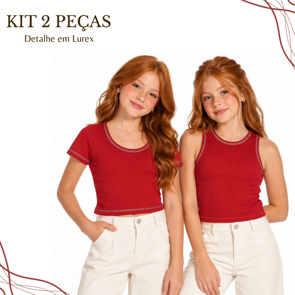 Kit 2 Peças Regata Baby Look Cropped Juvenil Menina Blusa Canelada Lurex Metalizado Verão