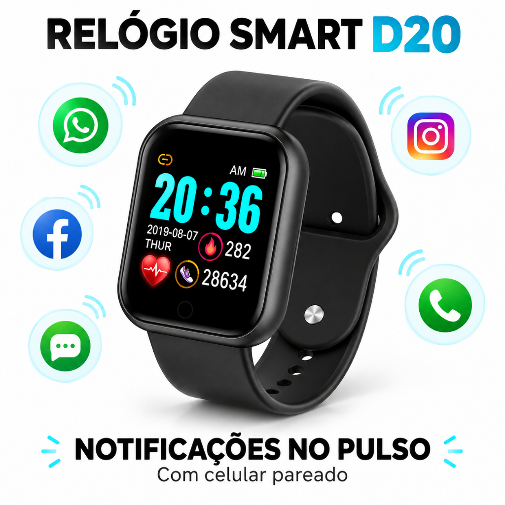 Relógio Smartwatch Inteligente D20 Bluetooth Pulseira Fitness Coloca Foto na Tela Monitor Cardíaco Pressão Esportivo HD