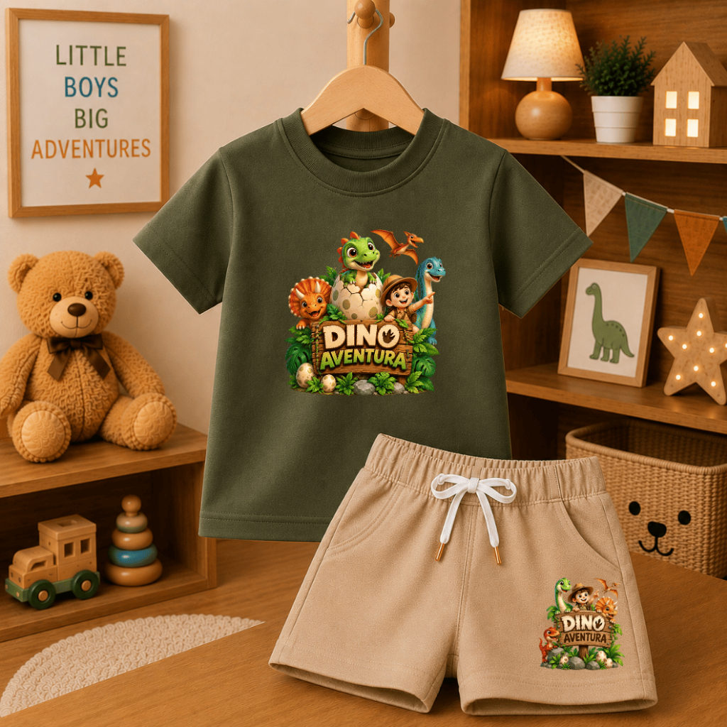 Conjunto Infantil Meninos Camiseta 100% Algodão e Bermuda Moletinho Turma Dinossauros Dino Aventura Juvenil, Estampado