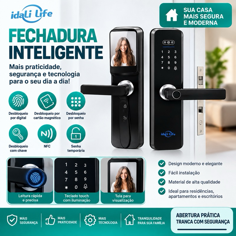 Fechadura Inteligente Digital IDL-N010 YN-ID-N010 Biometria Senha NFC Tuya Tela LCD 3,5”