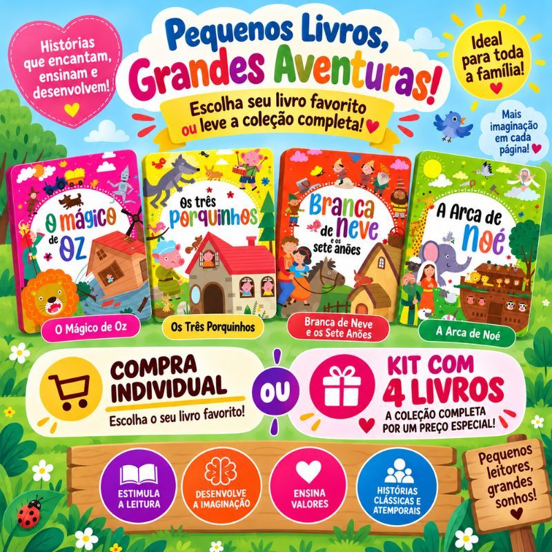 Livro Infantil Contos Clássicos Almofadado Branca de Neve Três Porquinhos Mágico de Oz Arca de Noé