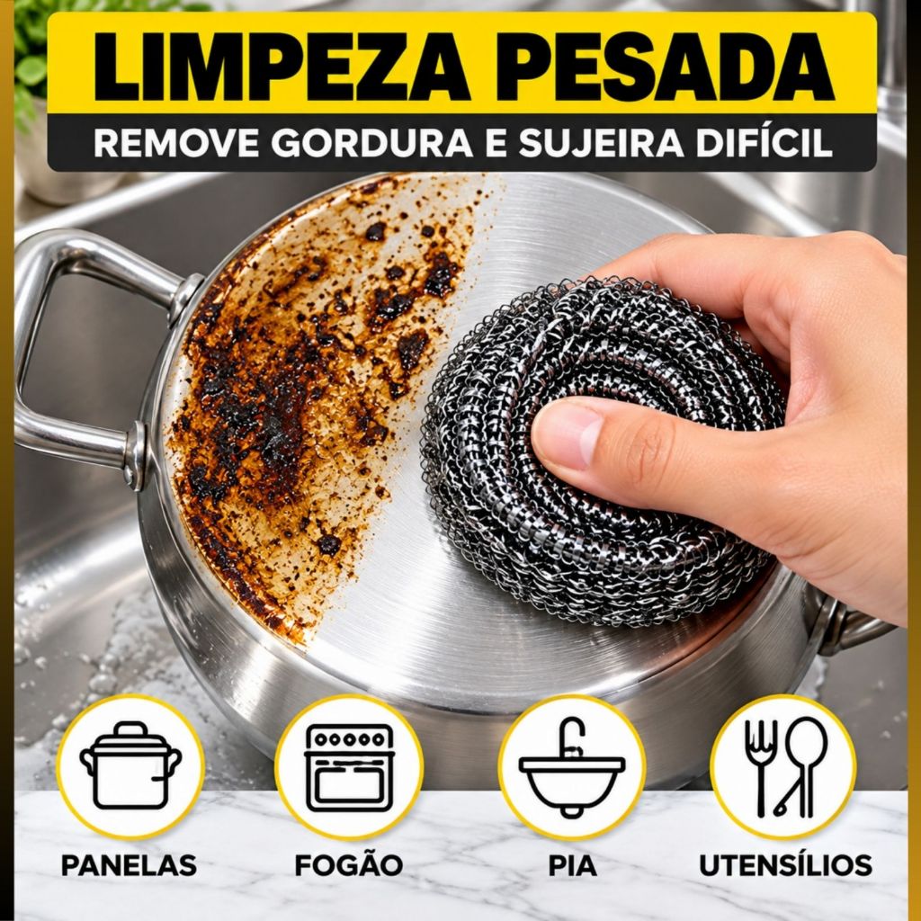 Esponja de Aço Inox Grossa para Limpeza Pesada Panela Fogão Churrasqueira Grill Esponja para panela encardida azulejo — imagem 2 de 2