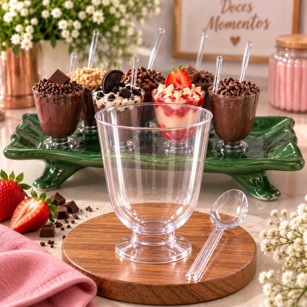 Kit 50/100/200/300 Mini Tacinha 30ml Colher Acrílico Festa Aniversário Sobremesa Doce Brigadeiro