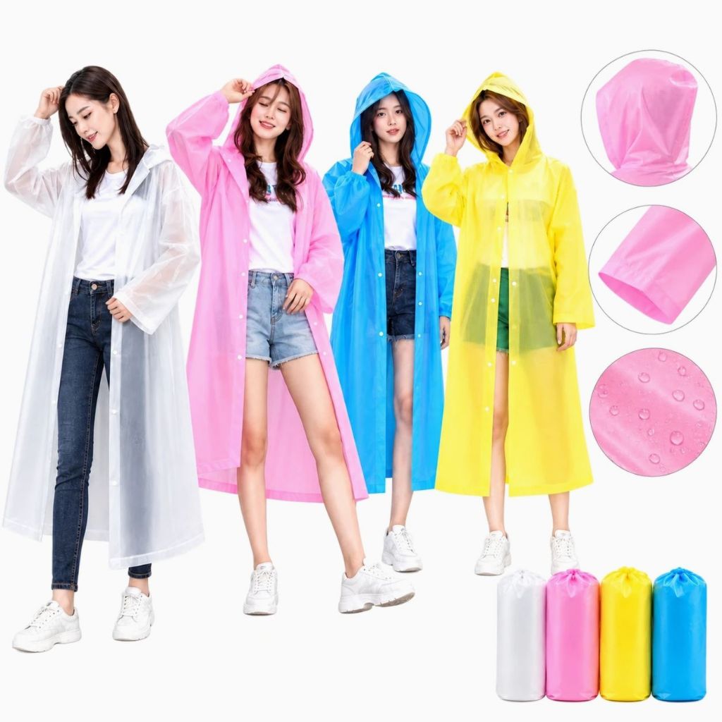 Capa de Chuva Adulto Impermeável PEVA Sobretudo Longo Unissex com Capuz Transparente Reutilizável