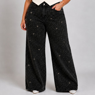 Calça Jeans Feminina Wide Leg Preta com Brilhos Cintura Alta Premium
