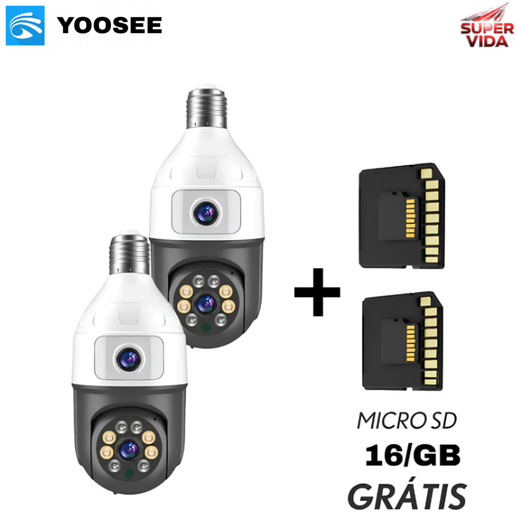 Kit 2 Câmera De Segurança Wifi Dupla Lentes Lâmpada Noturna 360 Com Cartão 16GB Para Casa e Comércio