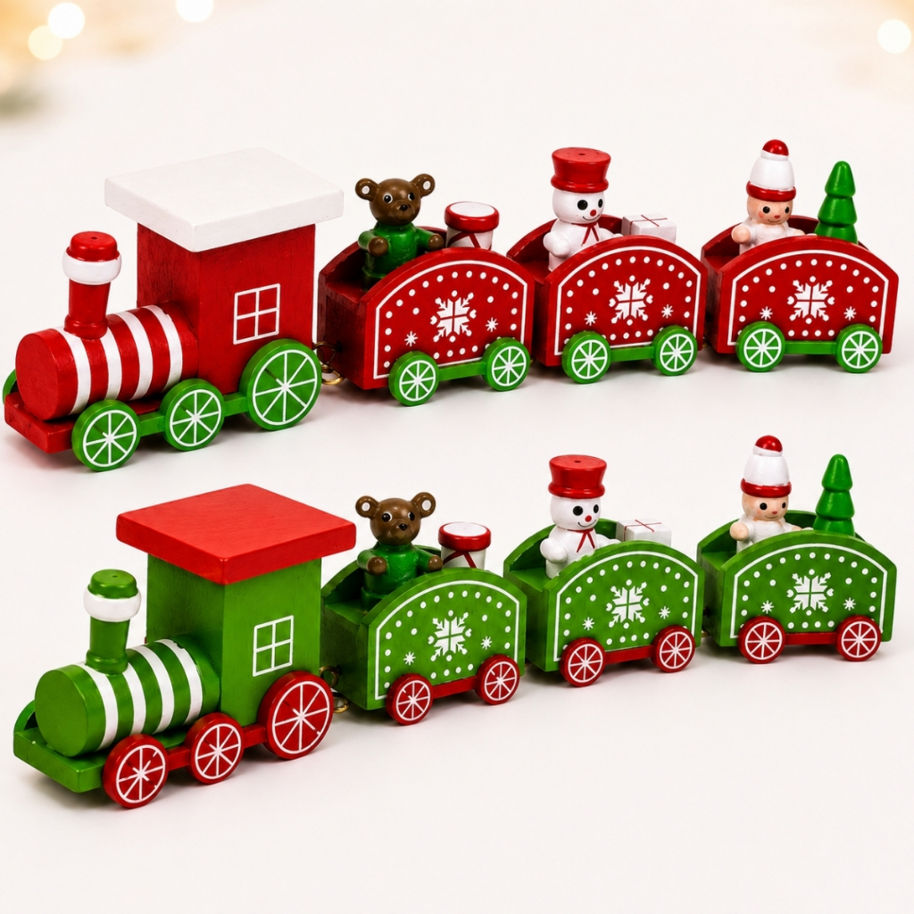Trem de Natal Decorativo em Madeira com 3 Vagões Enfeite para Decoração Natalina