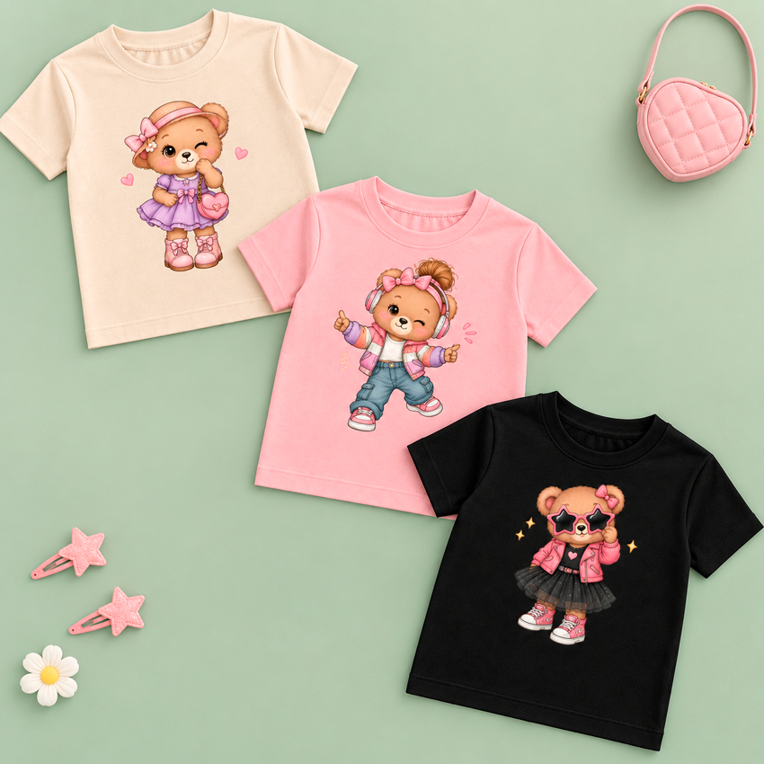 Kit 3 Camisetas Femininas Infantil Juvenil Estampadas | T-Shirt Menina Moderna Casual Algodão Ursinhas Estilosas