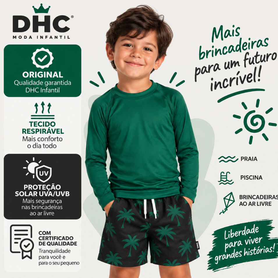 Camisa UV Infantil Térmica Blusa Malha Moda Praia de Proteção Solar para Menino UV50 Do 2 Ao 16