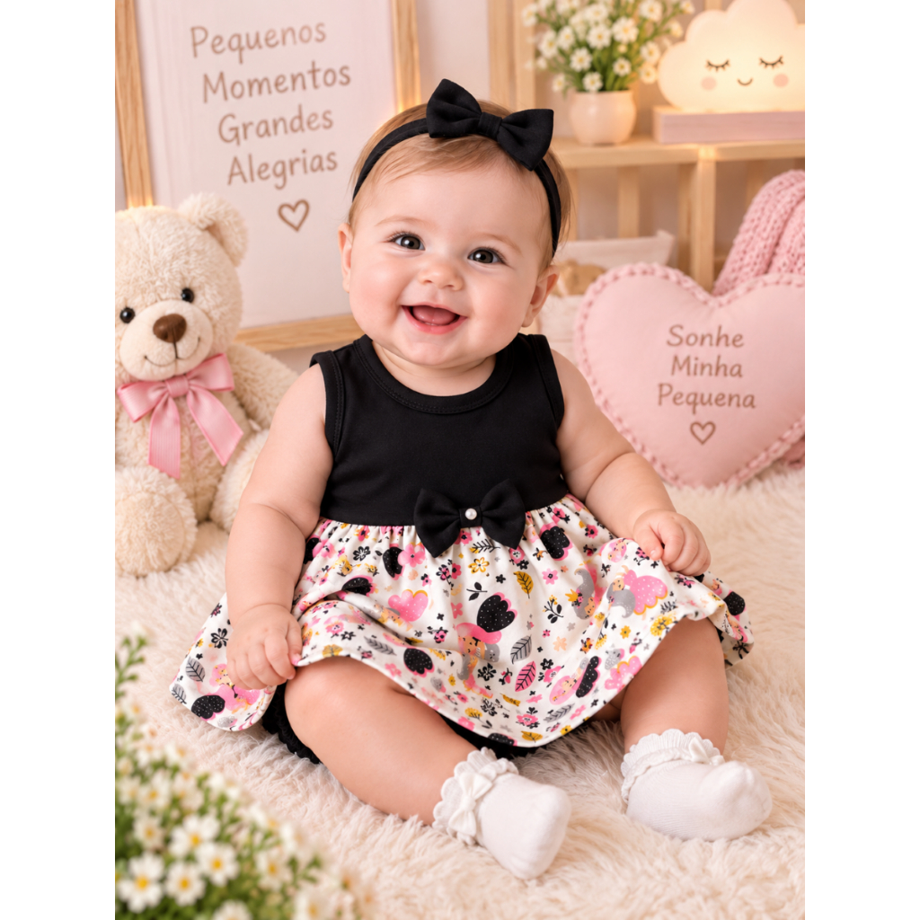 Kit Vestido Bebê Menina RN ao 3 Meses com Calcinha – 1, 2 ou 3 kits (vestido+calcinha) Roupa Recém-Nascida Confortável