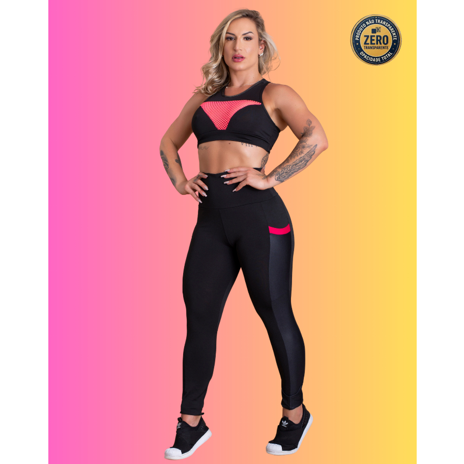 Conjunto Fitness Feminino Calça Legging Cintura Alta Com Bolso Cirrê Lateral E Top Tela Academia ZERO TRANSPARÊNCIA