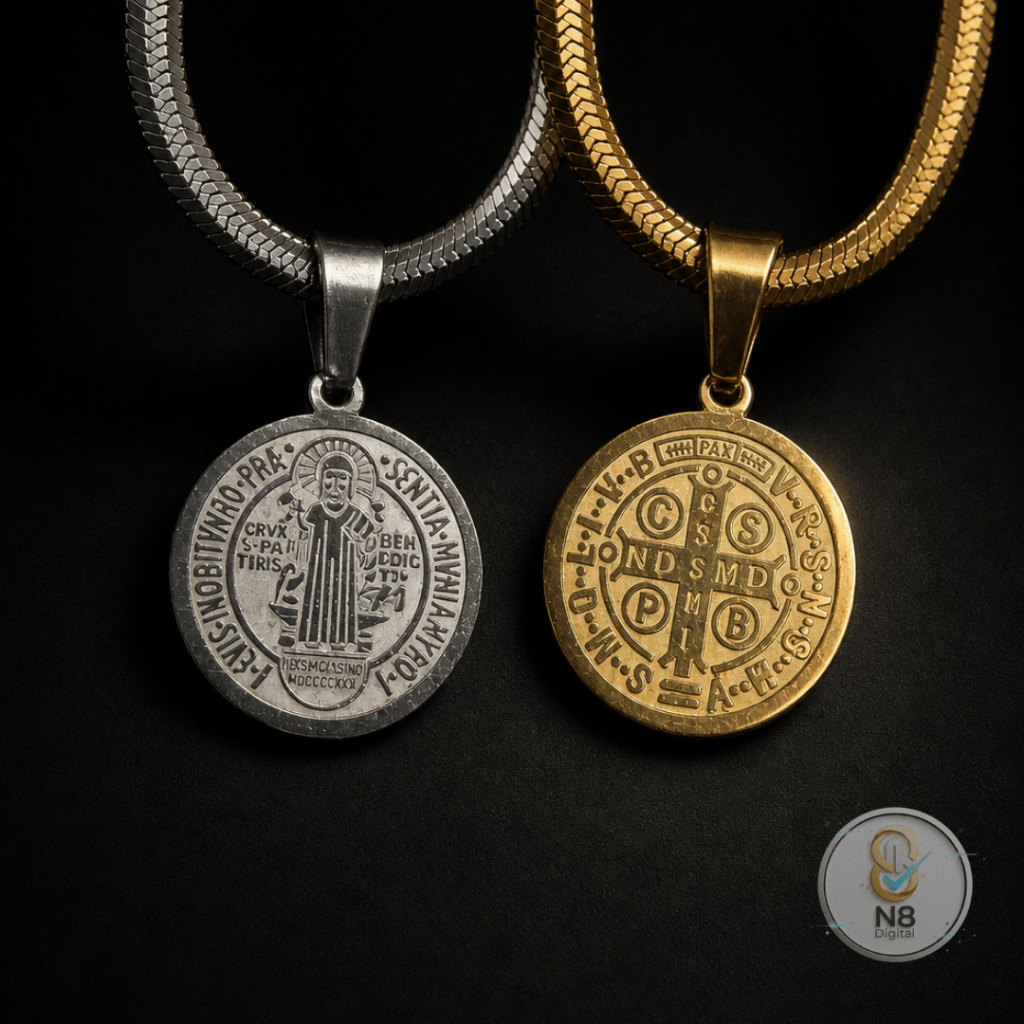 Colar Medalha São Bento Aço Inoxidável Presente Fé E Proteção Antialérgico Ajustável Prata Dourado