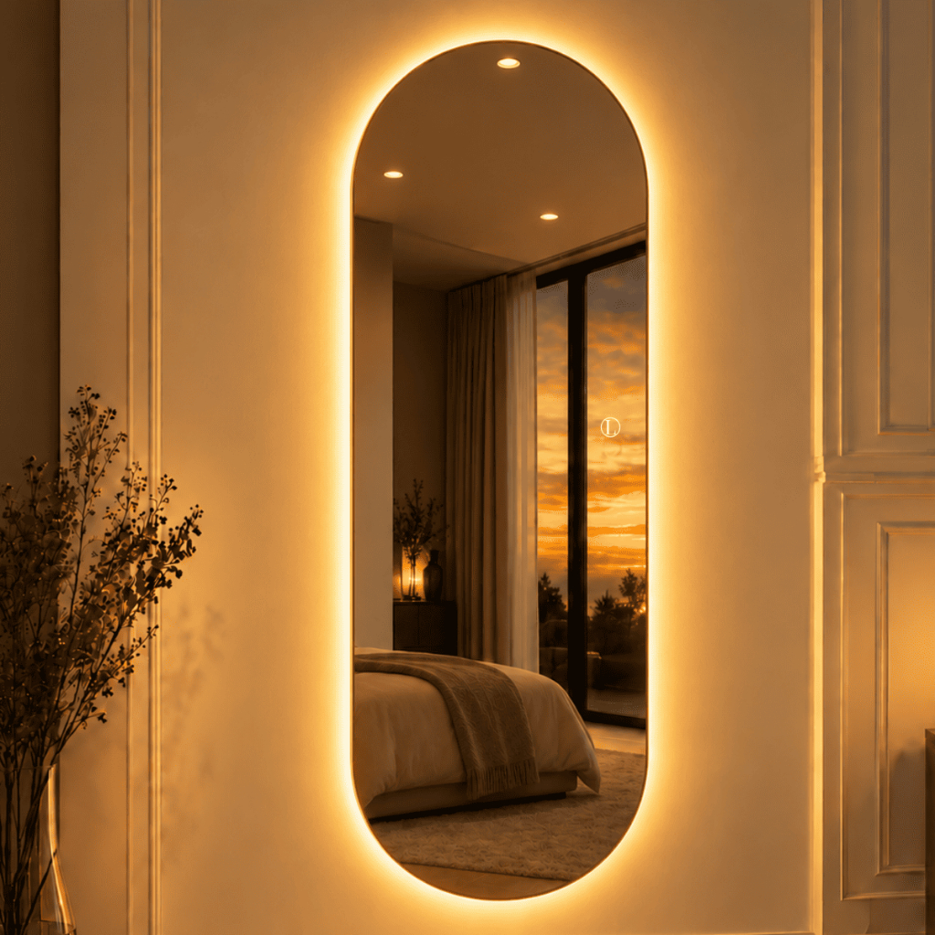Espelho Solis Oval 150x40 Oval com 3 Tons de LED Botão Touch IP44 Bivolt para Recepção Hall Banheiro Closet Quarto