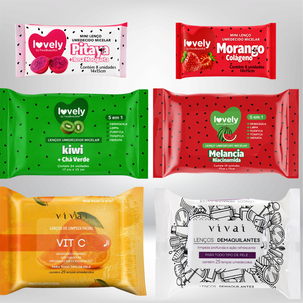 Kit Lenço Demaquilante Vivai e Lovely Vitamina C Kiwi Morango e Pitaya – Limpeza Facial, Hidratação e Maciez