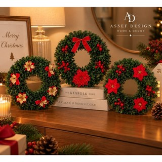 Guirlanda Natalina 40Cm De Natal Decorativa Para Porta Com Flores e Laços Vermelhas Douradas Decoração