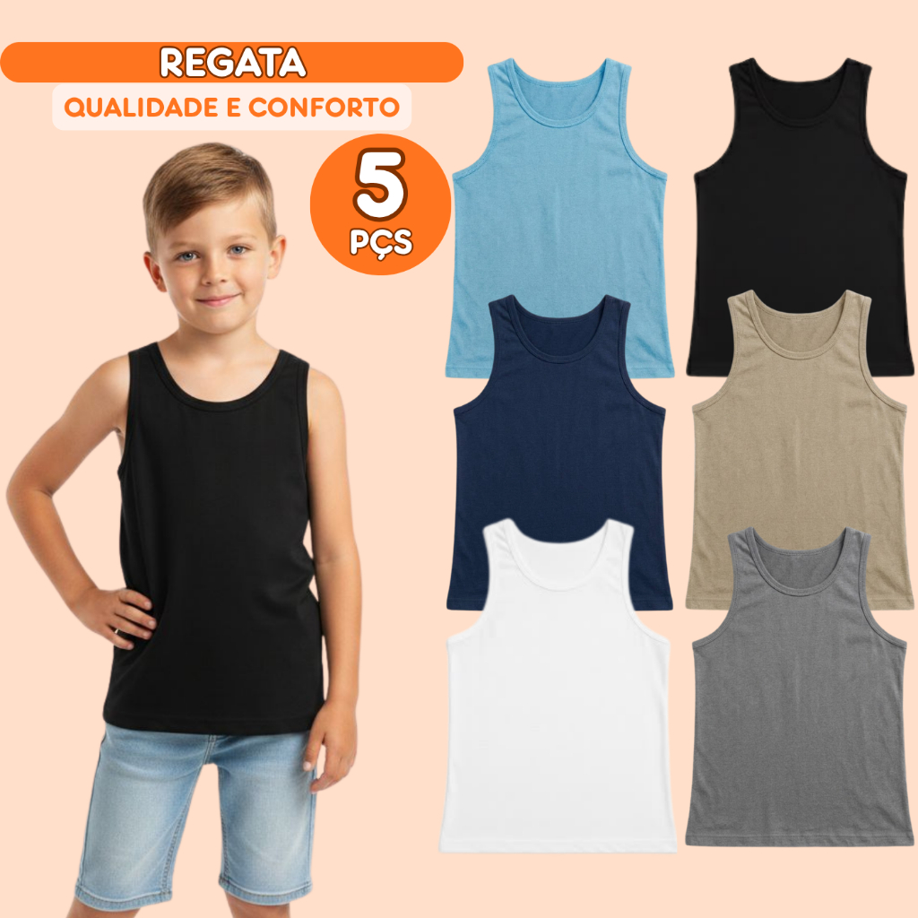 Kit 5 Regatas Infantil Menino Básica Lisa Camiseta Sem Manga Masculino Criança Verão Algodão Casual Escolar Kids