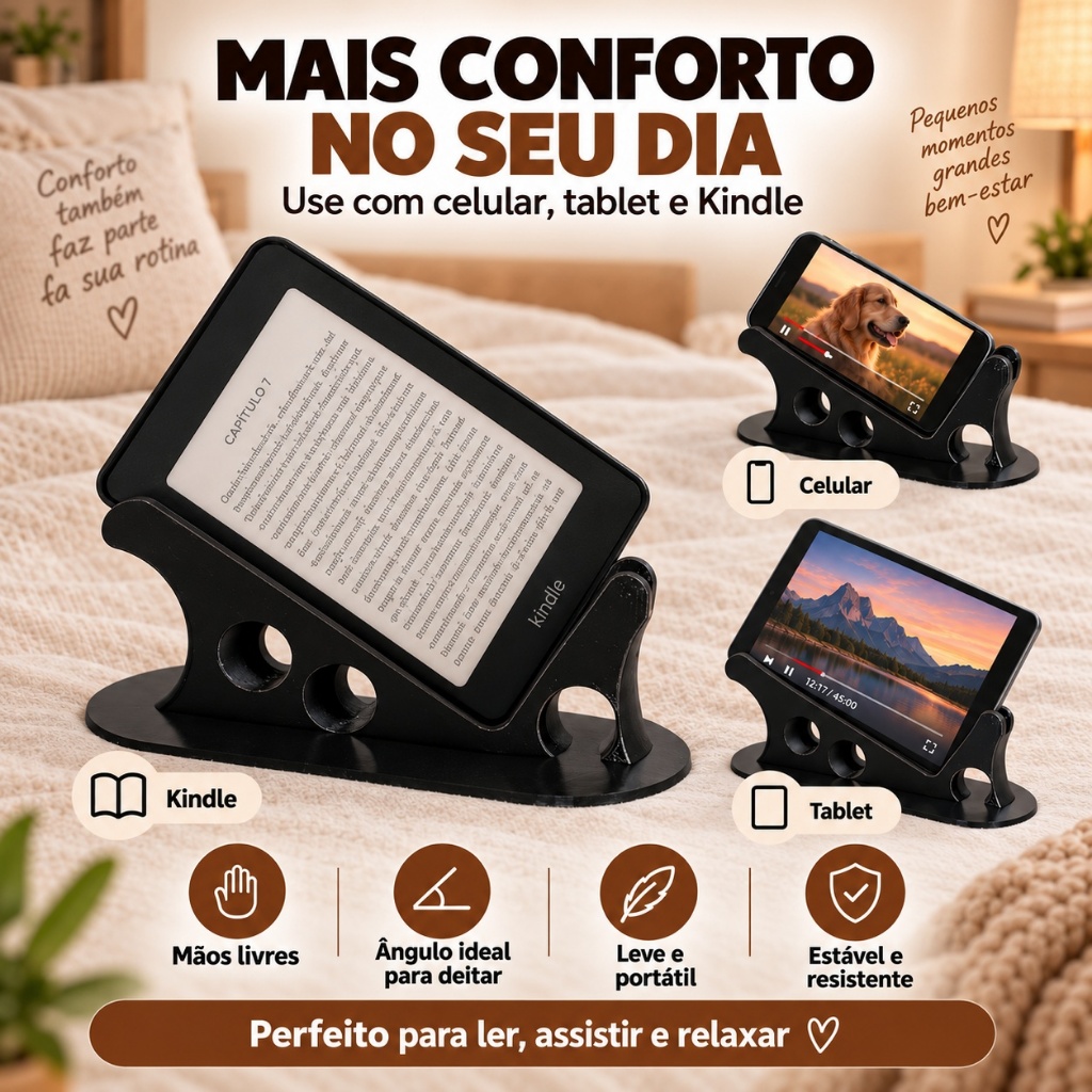Suporte Universal para Celular Tablet e Kindle de Cama – Leitura e Filmes Deitado Mãos Livres