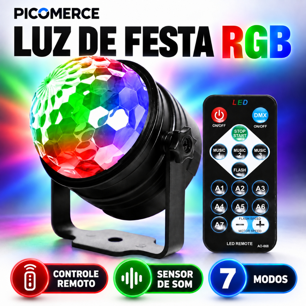 Luz de Festa LED RGB Bola Maluca com Controle Remoto, Sensor de Som e 7 Modos para Balada, DJ e Karaokê