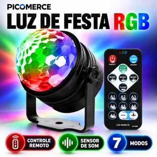 Luz de Festa LED RGB Bola Maluca com Controle Remoto, Sensor de Som e 7 Modos para Balada, DJ e Karaokê