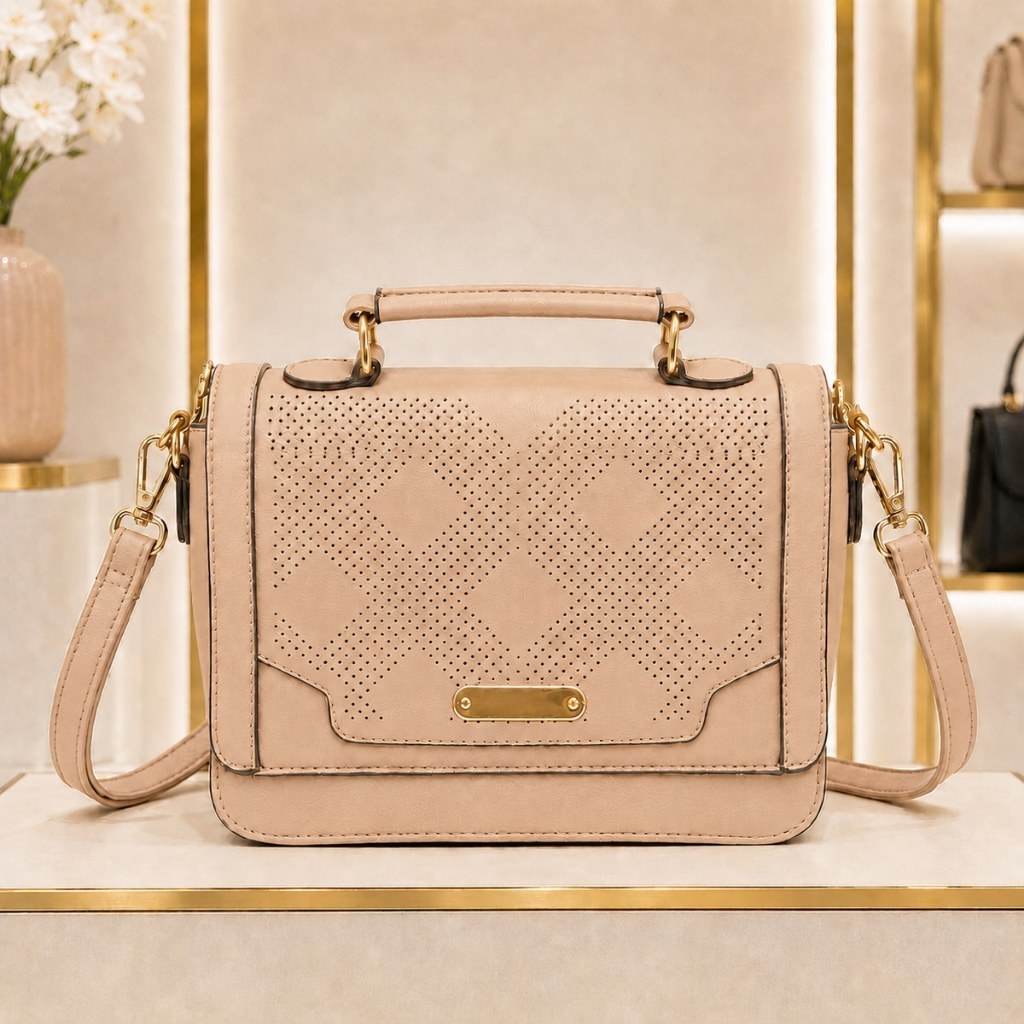 Bolsa Feminina Elegante com Textura Vazada e Detalhes Dourados
